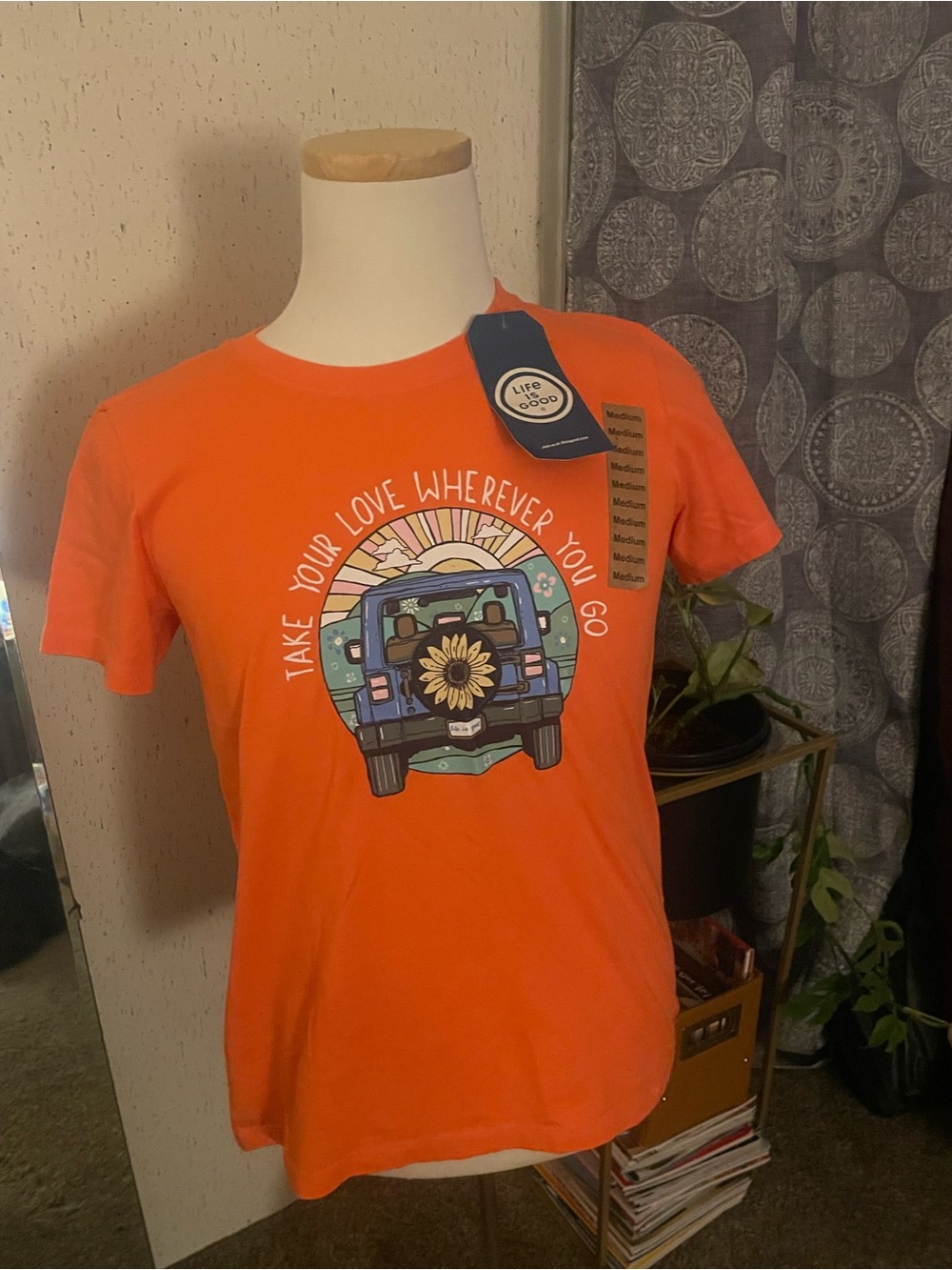 Life Is Good Orange Short-Sleeve Tee with Sunflower Jeep Graphic